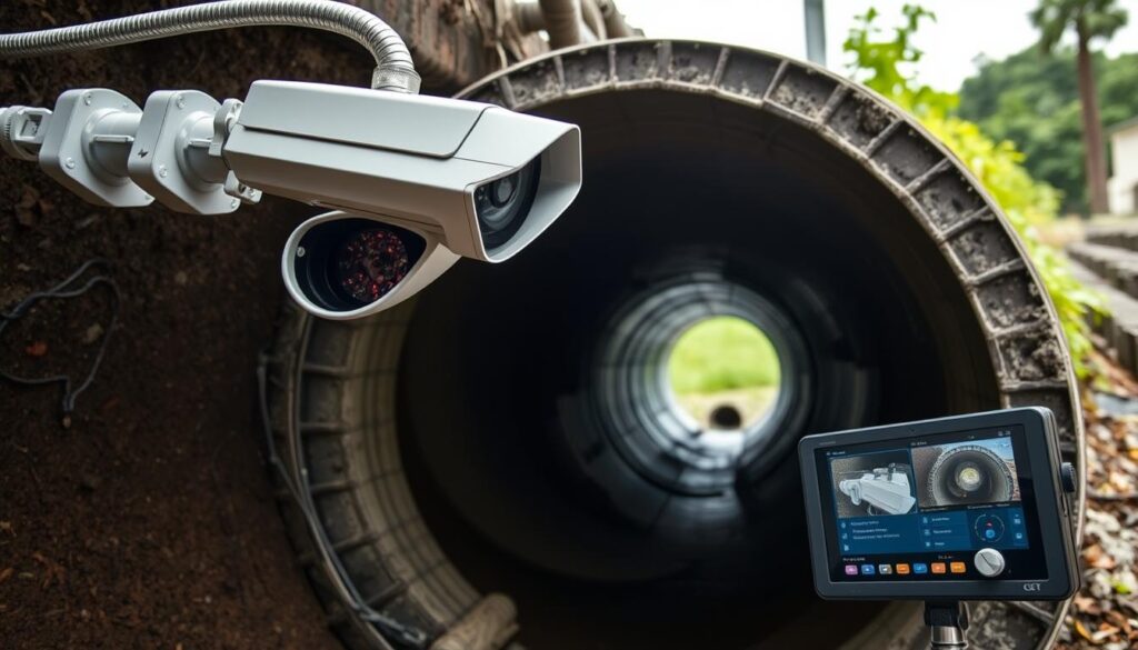 A CCTV camera on a flexible metal arm inspects the interior of a stormwater drainage pipe. The pipe is dark and moist, illuminated by the camera's bright LED lights. The camera captures a close-up view of the pipe's concrete walls, revealing any obstructions, debris, or cracks. In the foreground, the CCTV control unit is visible, with its intuitive interface and video display. The background shows the exterior of the drainage system, with lush foliage and a cloudy sky hinting at the rainy conditions that can lead to blockages. The scene conveys the meticulous, technical process involved in maintaining stormwater infrastructure to prevent costly and disruptive drain backups.