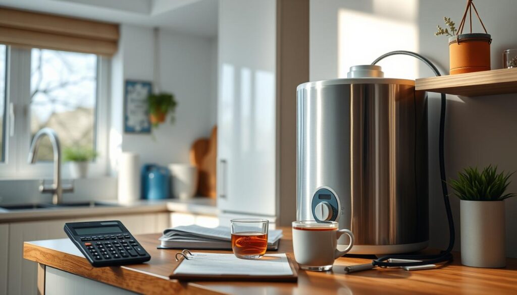A bright, modern kitchen interior with a sleek, stainless-steel electric water heater prominently displayed on the countertop. The heater is surrounded by various household items, including a calculator, a clipboard with financial documents, and a mug of hot tea, creating a sense of a thoughtful cost analysis. Soft, natural lighting streams in from a nearby window, casting a warm glow on the scene. The overall atmosphere conveys a sense of practicality and financial awareness, with the water heater serving as the central focus, highlighting the cost considerations of hot water usage.