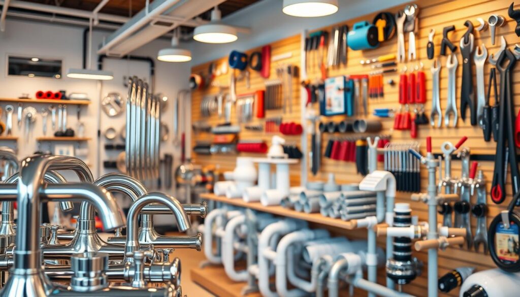 A bright, well-lit showroom showcasing a range of high-quality plumbing fixtures and tools. In the foreground, a display of sleek, modern faucets and showerheads in gleaming chrome. The middle ground features sturdy, durable pipes and fittings, arranged neatly on shelves. In the background, a wall-mounted display showcases an assortment of professional-grade plumbing tools, including wrenches, pliers, and specialized equipment. The lighting is warm and inviting, casting a gentle glow over the scene. The overall atmosphere conveys a sense of reliability, craftsmanship, and attention to detail, reflecting the values of a reputable emergency plumbing service.