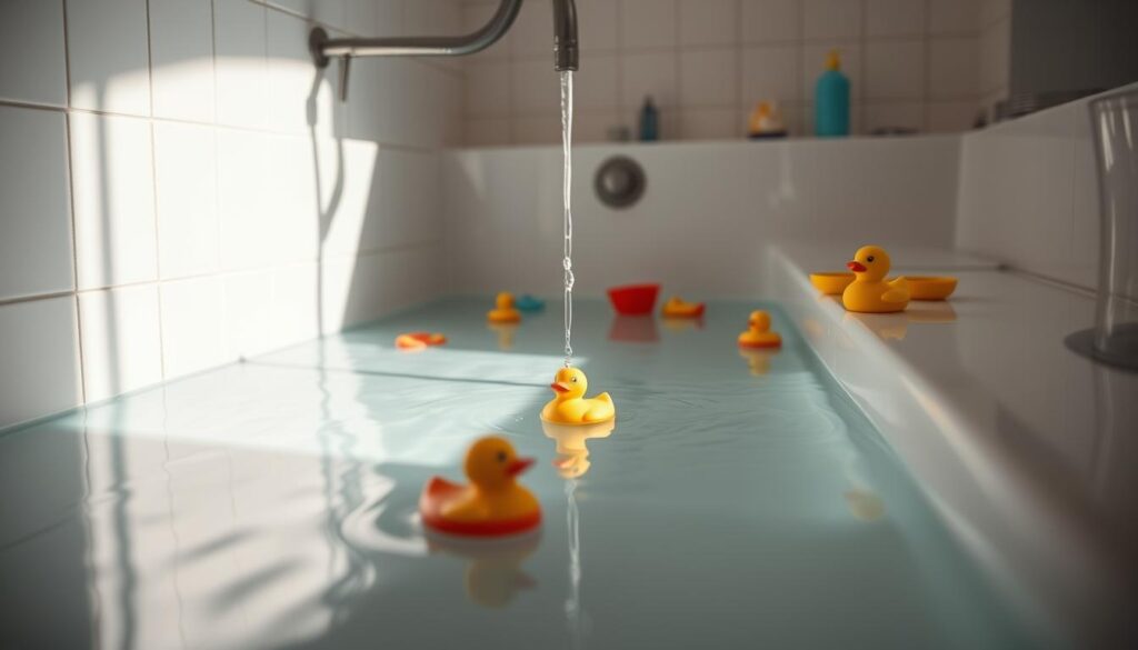 A brightly lit bathroom interior, the floor flooded with clear water, toys and toiletries floating gently. The faucet drips steadily, the only sound breaking the eerie stillness. On the edge of the tub, a single rubber duck bobs in the shallow pool, a reminder of the sudden emergency. The room is bathed in a soft, diffused light, casting long shadows across the tiles. The scene conveys a sense of tranquility and vulnerability, underscoring the need for vigilance and preparedness when it comes to keeping children safe during a plumbing crisis at home.