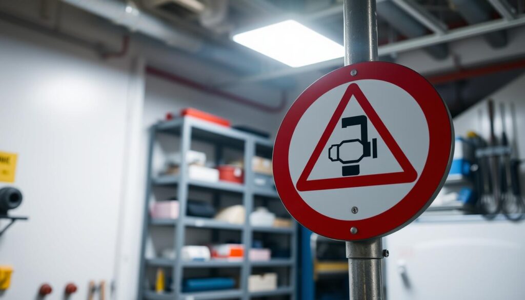 A brightly lit, high-contrast safety sign in the foreground, mounted on a sturdy metal pole. The sign has a distinctive red border and triangular shape, with a clear universal icon depicting a shut-off valve. The sign is placed against a slightly blurred background of a clean, well-organized utility room, with shelves of plumbing supplies and tools visible. The lighting is directional, casting dramatic shadows that emphasize the sign's bold graphic design. The overall mood is one of practicality and functional simplicity, conveying the importance of clearly marked emergency shut-off valves.