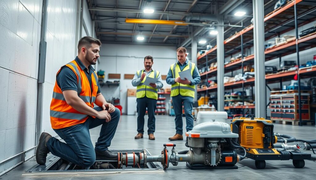 A brightly lit industrial warehouse, with a team of skilled plumbers and technicians working around the clock to address emergencies. In the foreground, a plumber in a high-visibility vest kneels next to an open floor panel, inspecting a damaged pipe. In the middle ground, a supervisor reviews schematics on a clipboard, while another technician uses a handheld diagnostic tool. In the background, shelves of spare parts and tools line the walls, indicating the preparedness and dedication to provide 24/7 emergency repairs. The scene conveys a sense of urgency, professionalism, and expertise, reflecting the critical nature of the service provided.