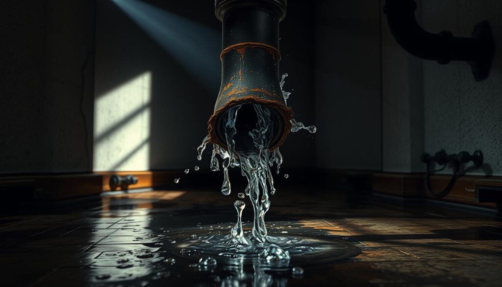 A burst pipe spewing water, with droplets and streams cascading down a worn, aged floor. The fracture in the pipe is prominent, with jagged edges and rust visible. The background is dimly lit, creating a sense of urgency and the need for immediate action. Rays of light peek through cracks in the walls, casting long, dramatic shadows. The overall mood is one of distress and the need for a quick, temporary solution before a professional plumber can arrive.