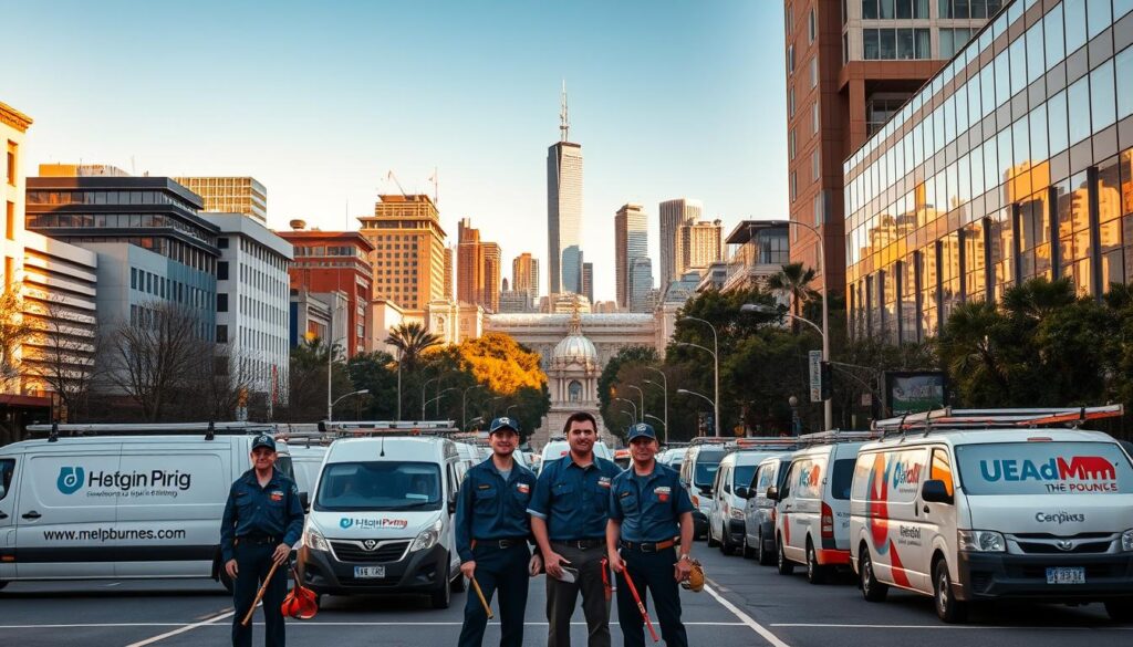 A bustling cityscape of Melbourne's iconic architecture, with a team of professional plumbers in the foreground, clad in their distinctive uniforms and tools in hand, ready to address any public holiday plumbing emergencies. The scene is bathed in warm, golden afternoon light, with shadows casting a sense of depth and drama. In the middle ground, a fleet of service vans lines the street, their logos prominently displayed, conveying the widespread availability of these essential tradespeople. In the background, the skyline of Melbourne's CBD rises, a testament to the city's thriving urban landscape. The overall mood is one of efficiency, reliability, and the reassuring presence of skilled plumbers, ready to respond to the needs of the community, even on public holidays.