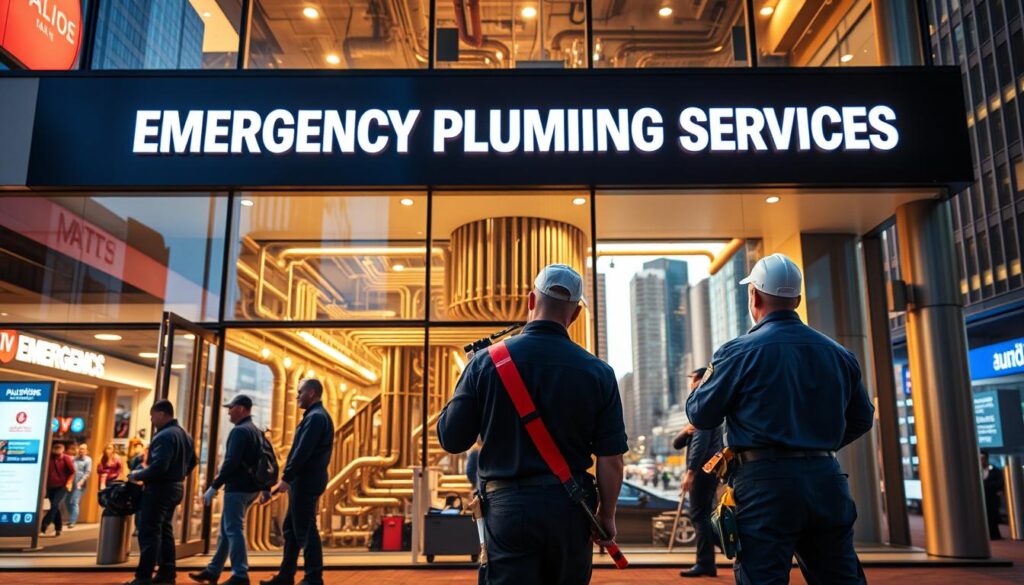 A bustling commercial building, its exterior adorned with signage for "Emergency Plumbing Services". In the foreground, a team of skilled plumbers in uniform, wielding their tools with expertise, ready to swiftly address any plumbing crisis. The scene is illuminated by warm, natural lighting, conveying a sense of professionalism and reliable service. In the middle ground, the building's intricate piping system is visible, hinting at the complex challenges the plumbers face. The background showcases the vibrant cityscape of Melbourne, emphasizing the wide reach and importance of these emergency services for the commercial heart of the city. The overall mood is one of competence, efficiency, and a dedication to keeping businesses and venues operating smoothly, no matter the plumbing emergency.