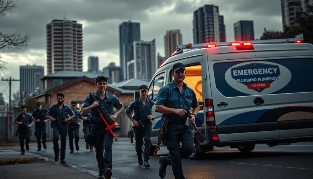 A bustling emergency plumbing response scene set in the heart of Melbourne. In the foreground, a team of skilled plumbers in uniform carry tools and rush towards a residential property, conveying a sense of urgency and expertise. In the middle ground, a work van with flashing hazard lights is parked outside, with the company logo prominently displayed. The background features the distinct architecture and cityscape of Melbourne, with tall buildings and a cloudy, overcast sky creating a dramatic, cinematic atmosphere. The lighting is a mix of natural daylight and the warm glow of the work van's interior, casting dynamic shadows and highlights across the scene. The overall mood is one of efficient, reliable and professional emergency plumbing services.