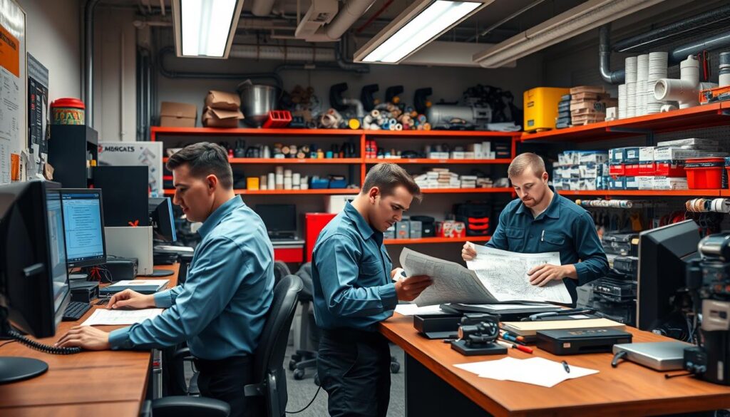 A bustling emergency plumbing service center, with technicians in crisp uniforms efficiently coordinating dispatch and triage. The foreground showcases the front desk, with a friendly operator taking calls and logging urgent requests. In the middle ground, skilled plumbers review schematics and maps, planning their routes to provide rapid response. The background reveals a well-stocked parts storage area, shelves neatly organized with an array of fittings, tools, and supplies. Bright LED lighting illuminates the scene, creating a sense of professionalism and preparedness. The overall atmosphere conveys a reliable, trustworthy service ready to handle any plumbing emergency, no matter the weather conditions.