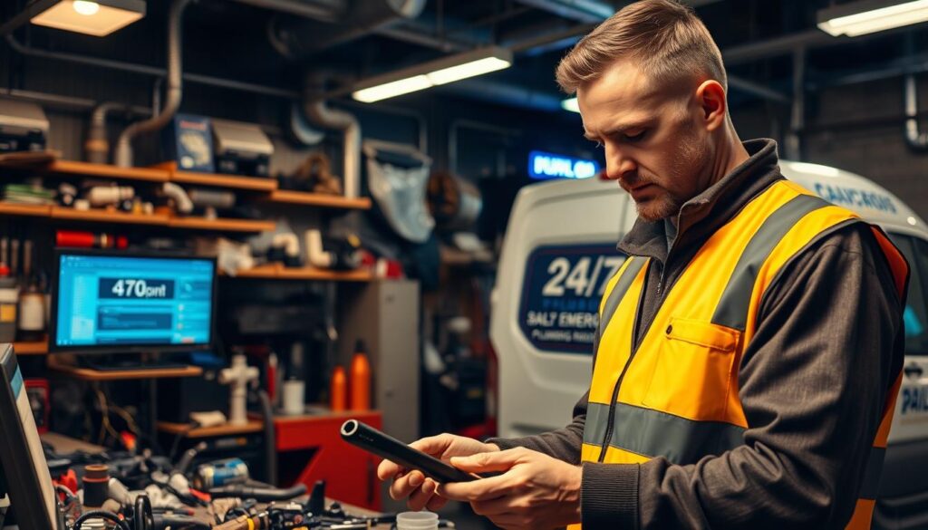 A bustling plumbing workshop at night, illuminated by warm tungsten lighting and the glow of computer screens. In the foreground, a plumber in a high-visibility vest examines a set of tools, conveying a sense of urgency and problem-solving. Behind them, shelves of pipes, fittings, and spare parts, hinting at the wide range of emergency repairs they can handle. In the background, a van with the company logo and "24/7 Emergency Plumbing" prominently displayed, ready to rush to the next callout. The atmosphere is one of professionalism, efficiency, and the ability to respond quickly to any plumbing crisis, day or night.