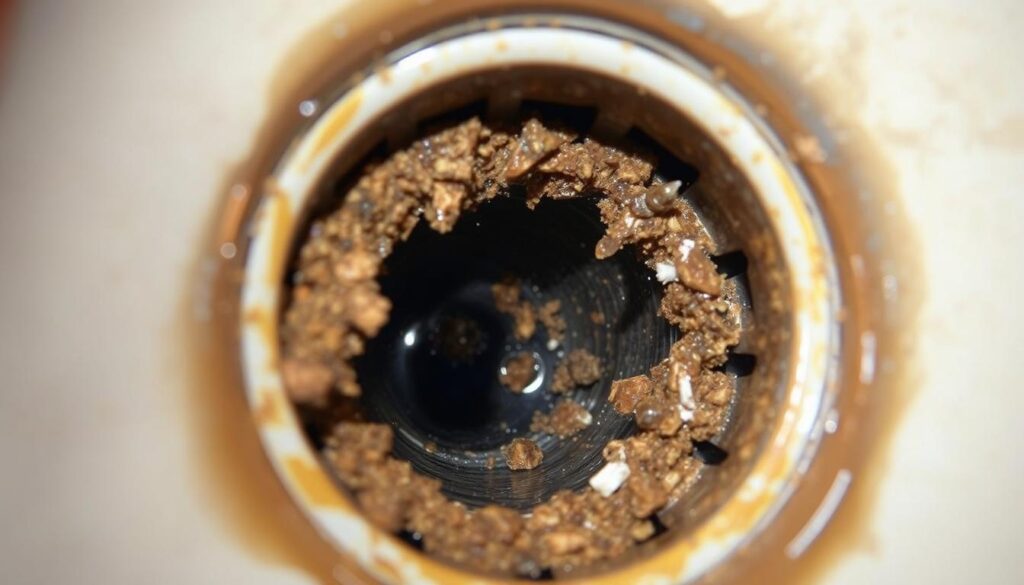 A clear blocked drain, with a close-up view showcasing the buildup of debris and gunk. The drain is set against a neutral, slightly muted background, allowing the clogged drain to be the focal point. Lighting is soft and diffused, creating a sense of clarity and detail. The angle is slightly elevated, providing a comprehensive view of the issue at hand. The image conveys a sense of frustration and the need for prompt action, serving as a visual representation of the section title "How to reduce your blocked drain costs over time".