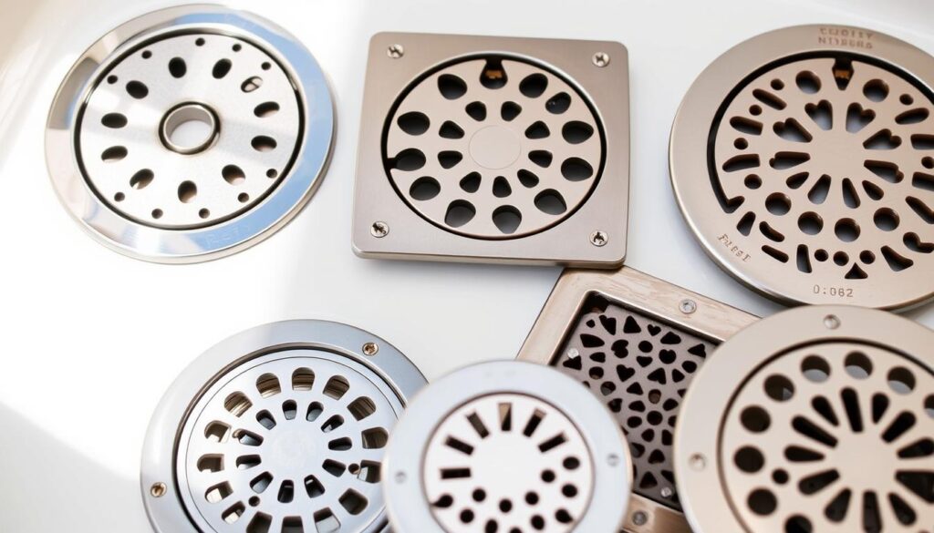 A close-up shot of a variety of metal drain covers, including circular, square, and decorative styles, set against a bright, clean bathroom background. The covers are made of sturdy, rust-resistant materials like stainless steel or brushed nickel, with intricate patterns and perforations to allow water flow. The lighting is natural and diffused, creating subtle shadows and highlights that accentuate the textures and finishes of the covers. The image conveys a sense of functionality, safety, and attention to detail, suitable for illustrating a section on preventing toy and debris blockages in household drains.