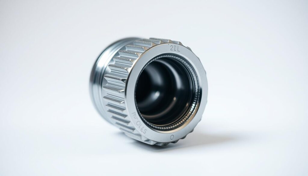 A close-up view of a chrome-plated faucet plug, its surface shimmering under bright studio lighting. The plug is positioned horizontally, highlighting its cylindrical shape and the intricate grooves and threads that allow it to be screwed securely into the faucet. The background is a clean, neutral color, keeping the focus solely on the plug and its mechanical details. The lighting is directional, casting subtle shadows that accentuate the plug's contours and create a sense of depth and dimensionality. The overall mood is one of precision and functionality, reflecting the practical purpose of the plug in shutting off water flow at the tap.