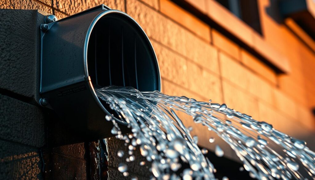 A close-up view of a rain head, or overflow weir, attached to the side of a building. The rain head is made of metal, with a curved shape and a grated surface to allow water to flow through. The background shows the facade of the building, with brickwork or other textured materials. Warm, directional lighting casts dramatic shadows, highlighting the architectural details and the flow of water through the rain head. The overall scene conveys a sense of functionality and urban design, showcasing how rainheads are integrated into the built environment to manage excess water and prevent internal flooding.