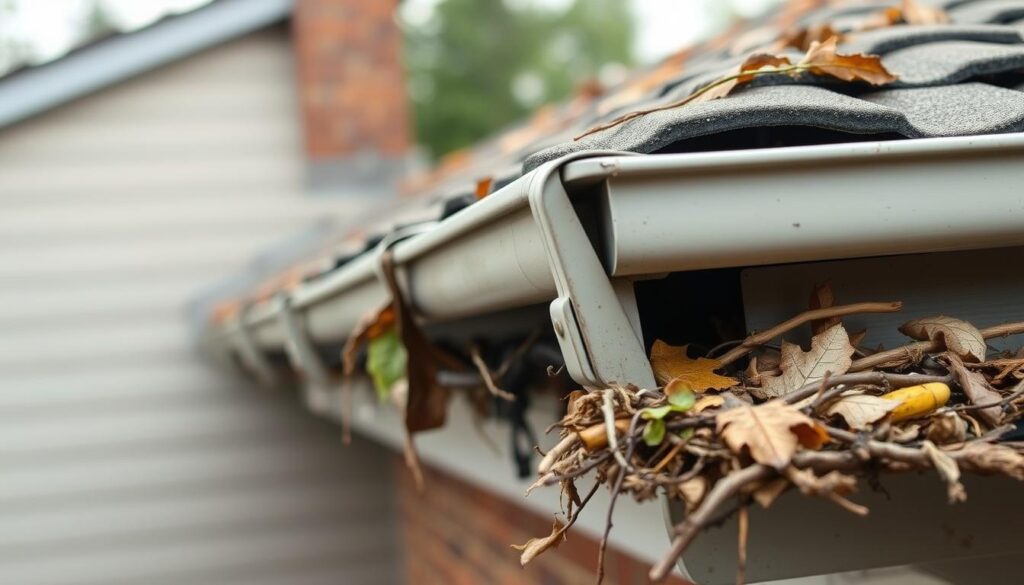 A close-up view of a residential gutter, showcasing the need for reliable gutter protection. The gutter appears clogged with leaves, twigs, and debris, highlighting the importance of installing a gutter guard system. The foreground depicts the gutter's deteriorating condition, while the middle ground reveals the surrounding roofline and fascia. The background subtly suggests the exterior of a typical suburban home, creating a sense of context. The lighting is soft and diffused, casting gentle shadows and emphasizing the textural details of the gutter and its accumulated debris. The overall mood conveys a sense of neglect and the need for timely gutter maintenance.