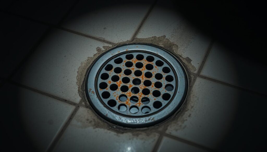 A close-up view of a residential plumbing drain, with a rusty, weathered metallic grate covering the opening. The drain is situated in a dimly lit, tile-floored bathroom, with shadows cast from overhead lighting creating a moody, atmospheric ambiance. The grate has a slightly worn, distressed appearance, suggesting the drain's regular use. The surrounding area is clean and minimalist, placing the focus entirely on the drain itself, hinting at the potential issues that may arise from this essential plumbing component.