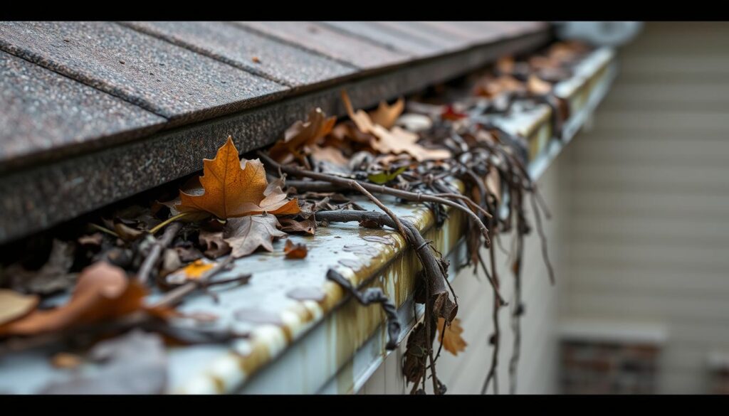 A close-up view of a residential roof's gutters, clogged with fallen leaves, twigs, and other debris. The gutters are partially obstructed, causing water to overflow and spill down the home's exterior. The lighting is overcast, with soft shadows cast across the gutter surface. The perspective is angled slightly from above, capturing the intricate textures and shapes of the accumulated gunk. The overall mood conveys the need for maintenance and swift action to prevent water damage from the blocked drainage system.