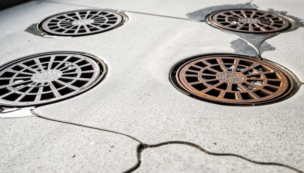 A close-up view of a series of stormwater drains set into a concrete pavement. The drains are round metal grates, slightly rusted, with water pooling around the edges. The pavement is slightly uneven, with cracks and small puddles visible. The scene is lit by a soft, diffused natural light, creating subtle shadows and reflections on the wet surface. The overall atmosphere conveys a sense of functionality and the importance of a well-maintained stormwater drainage system.