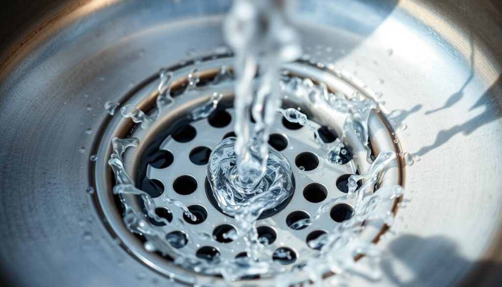 A close-up view of a stainless steel sink drain, filled with steaming hot water pouring down the grate. The water splashes and swirls, creating a mesmerizing flow. Bright, natural lighting illuminates the scene, highlighting the shiny metallic surfaces and the translucent quality of the water. The drain appears unclogged, allowing the water to freely circulate down the pipes. The overall mood is one of efficiency and cleanliness, conveying the idea of a quick and effective way to clear a slow-draining sink.