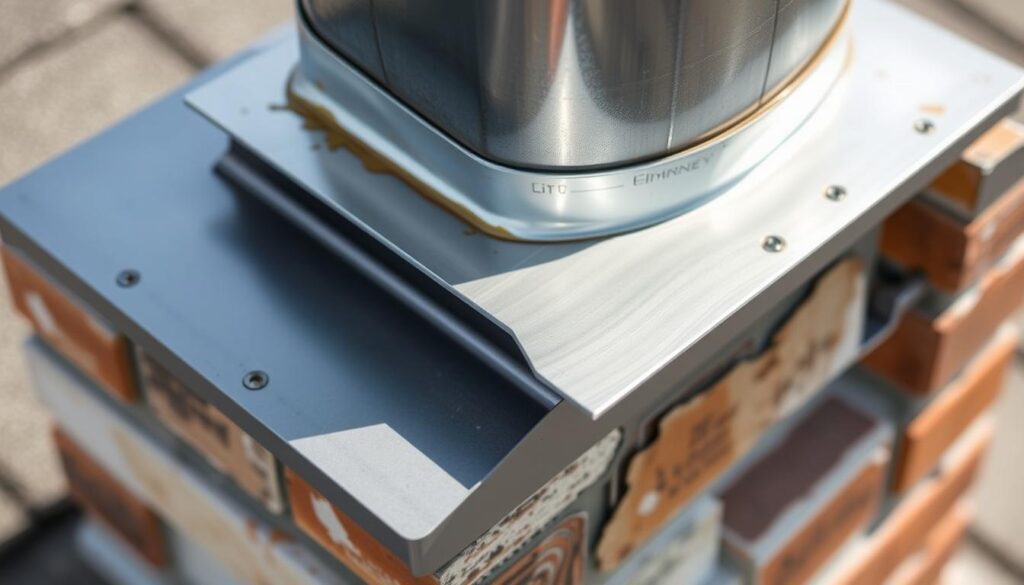A close-up view of chimney flashing, showcasing its intricate design and crucial role in preventing leaks. The flashing is a thin, L-shaped metal strip that fits snugly around the base of the chimney, creating a weatherproof seal between the chimney and the roof. The flashing is made of durable, corrosion-resistant materials, such as galvanized steel or aluminum, and is carefully installed to ensure a tight, seamless fit. The image should highlight the flashing's prominent placement, its smooth, clean lines, and the attention to detail required for proper installation. The lighting should be natural, with soft shadows emphasizing the flashing's contours, and the background should be blurred to maintain focus on the critical subject matter.