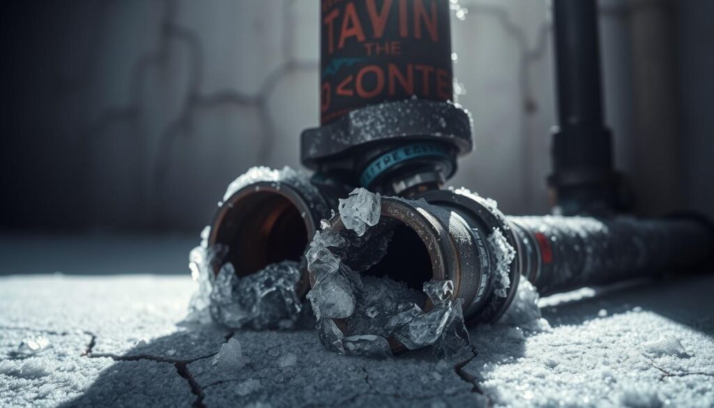 A close-up view of exposed pipes against a cracked and icy surface, with frost and ice crystals covering the metal. The pipes are partially submerged in a thin layer of clear ice, indicating an early stage of freezing. The background is muted and hazy, with a sense of cold dread and impending danger. Bright, directional lighting from the side casts dramatic shadows, emphasizing the textural details of the frozen pipes. The overall mood is one of ominous foreboding, highlighting the need for vigilance in detecting the first signs of frozen plumbing.