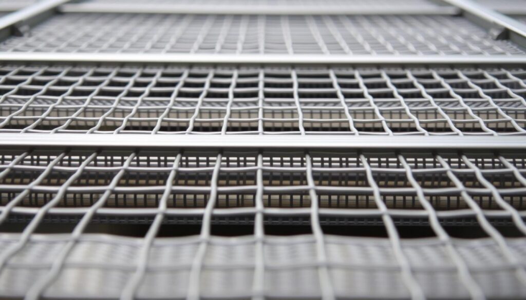 A close-up view of micro-mesh stainless steel screens, arranged in an orderly grid pattern. The screens are pristine, with a uniform silver-gray metallic sheen reflecting the soft, natural lighting. The foreground showcases the intricate, finely woven mesh structure in vivid detail, while the middle ground gradually blurs into a hazy, out-of-focus backdrop, evoking a sense of depth and focus. The overall mood is one of precision, functionality, and a touch of modern elegance - perfectly suited to illustrate the "Best gutter guard options for leafy suburbs gutters".