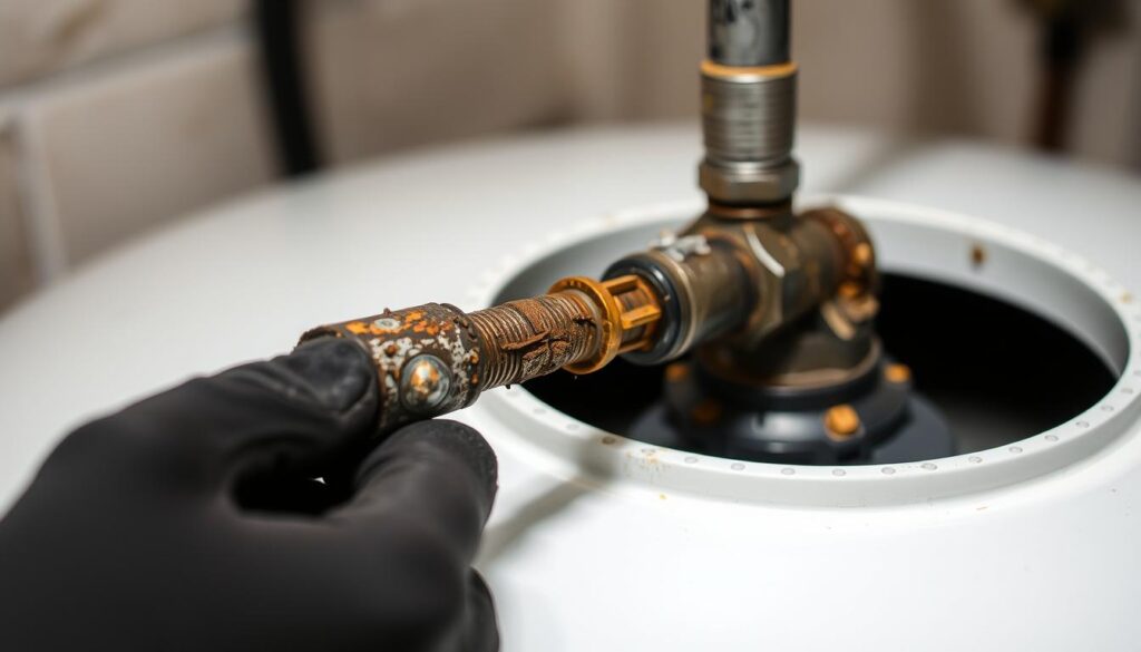 A closeup view of a rusted and corroded anode rod being removed from a hot water storage tank. The rod is grasped firmly in gloved hands, its dull metallic surface contrasting with the glossy white tank exterior. Soft, even lighting illuminates the scene, accentuating the intricate textures and details of the hardware. The background is blurred, keeping the focus on the rod replacement task at hand. An atmosphere of careful, methodical work permeates the image, hinting at the importance of this maintenance step to extend the tank's lifespan.