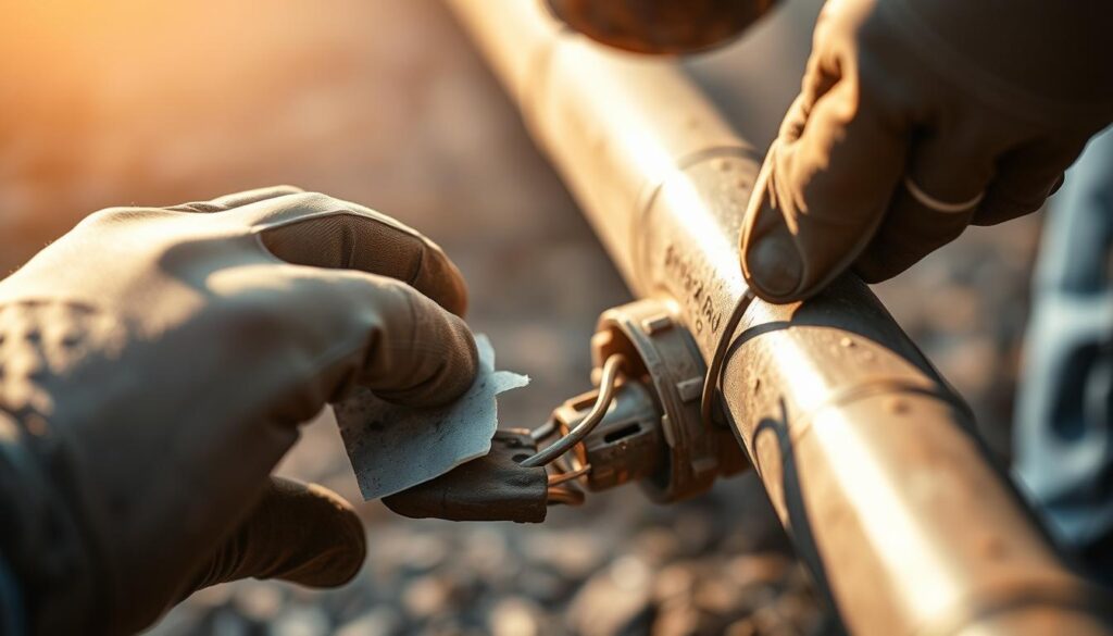A closeup view of a worker repairing a damaged pipe, with a detailed look at the patching process. The foreground shows the worker's gloved hands carefully applying a flexible sealant patch over the crack in the pipe, while the middle ground reveals the pipe's exposed cross-section and the specialized tools being used. The background is softly blurred, emphasizing the focus on the repair task at hand. Warm, directional lighting casts dramatic shadows, conveying the precision and care required for this localized pipe patching procedure. The overall scene captures the step-by-step workflow of inspecting, sealing, and reinstating a cracked drain pipe.