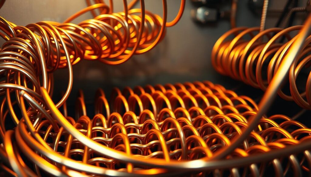 A complex tangle of metallic heating elements, their spiraling coils bathed in a warm, golden glow. The foreground showcases the intricate design, with each element twisting and turning to maximize surface area for efficient heat transfer. In the middle ground, the elements are arranged in a precise, organized layout, hinting at the engineering and craftsmanship behind the electric storage system. The background is shrouded in a muted, industrial atmosphere, emphasizing the functional nature of these essential components. Captured with a crisp, high-resolution lens, the image conveys the technical and utilitarian nature of these heating elements, essential for the proper functioning of an electric water heater.