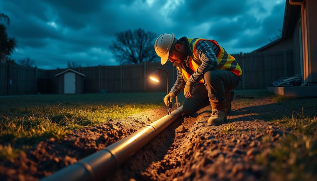 A construction worker inspecting a sewer line in the backyard, crouching down and examining the pipes closely. The scene is illuminated by the warm glow of a work light, casting long shadows across the dirt and grass. The worker wears a safety vest, work boots, and is using a handheld tool to inspect the line. In the background, there is a small shed or storage unit, and the sky is overcast, suggesting a cloudy, moody atmosphere. The focus is on the worker's careful examination of the sewer line, conveying the importance of properly diagnosing the issue before planning the cleanup steps.