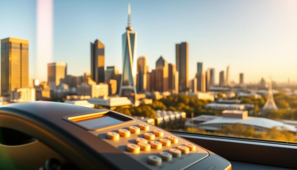 A contemporary cityscape of Melbourne, Australia, bathed in warm, golden afternoon light. In the foreground, a close-up view of a landline phone, its receiver off-hook, inviting the viewer to make an emergency call. The middle ground features various service and utility company logos, representing the different authorities one might need to contact in the event of a gas leak. In the background, a panoramic view of the Melbourne skyline, with iconic landmarks like the Eureka Tower and the Arts Centre spire visible. The overall mood is one of calm urgency, conveying the importance of knowing who to call in a crisis situation.