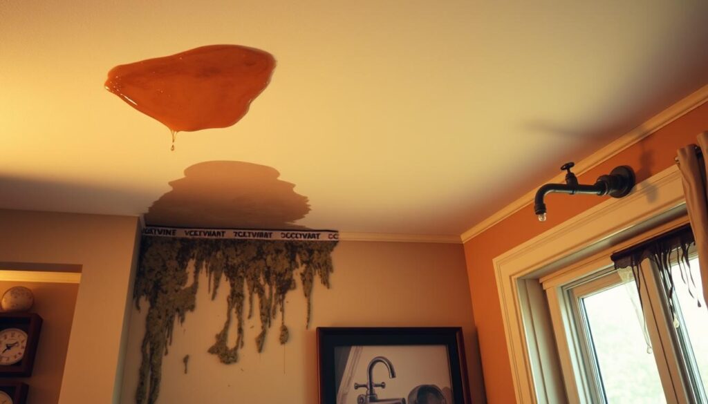 A cozy and well-lit indoor scene showcasing various warning signs and indicators of blocked gutters. In the foreground, a prominent water stain on the ceiling draws the eye, hinting at an overflow issue. In the middle ground, a mold-covered wall and peeling paint suggest excess moisture seeping through the structure. In the background, a dripping faucet and a damp windowsill complete the tableau, creating a sense of subtle decay. The lighting is soft and warm, creating a sense of unease and concern. The composition is balanced, with the key elements positioned to draw the viewer's attention to the warning signs of gutter problems.