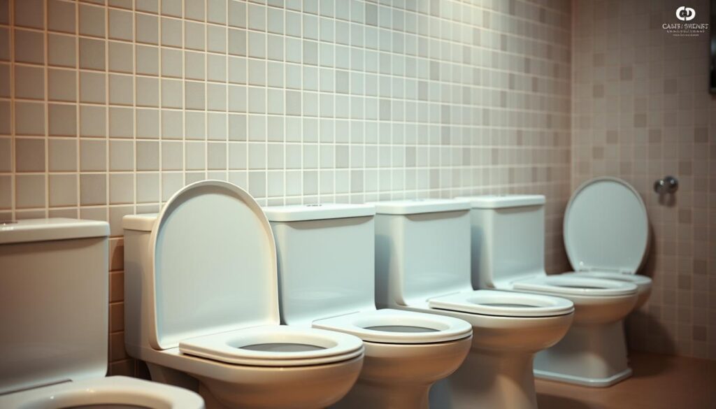 A cozy bathroom interior featuring a row of modern, porcelain home toilets against a tiled wall. The fixtures are well-lit, gleaming, and pristine, conveying a sense of cleanliness and functionality. The scene is captured from a slightly elevated angle, showcasing the toilets in a uniform arrangement, allowing the viewer to fully appreciate their design and purpose. The overall atmosphere is one of domestic comfort and practicality, suitable for a wide range of residential and commercial settings.