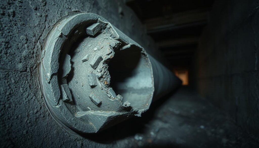 A cross-section of a damaged sewer pipe, partially collapsed, with cracked concrete walls and exposed reinforcing steel. The pipe runs along a dimly lit underground tunnel, with a grungy, industrial atmosphere. The lighting is soft and moody, casting shadows that accentuate the pipe's rugged texture. The camera angle is slightly low, giving a sense of the pipe's imposing scale. The overall scene conveys the need for careful inspection and thoughtful repair options to restore the integrity of the compromised infrastructure.