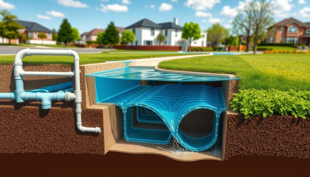 A cross-section of a modern stormwater system, with a detailed view of the underground piping, drainage channels, and retention basins. The foreground features a clear, high-angle shot of the system's components, including downpipes, gutters, and catchment areas, all rendered in a technical, architectural style. The middle ground showcases the flow of water through the system, with realistic simulations of water movement and pooling. The background provides a contextual setting, such as a residential or urban landscape, to situate the stormwater system within its broader environment. The lighting is sharp and evenly distributed, highlighting the intricate details of the system's design and engineering. The overall tone is informative, technical, and visually engaging, suitable for illustrating the article's subject matter.