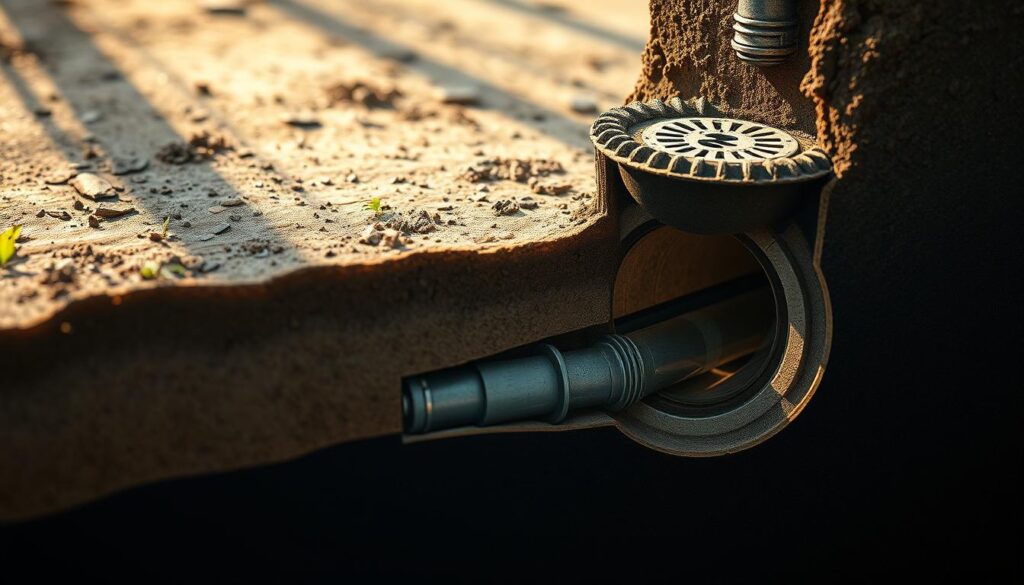A cross-section of an intricate underground drainage system, showcasing its various components. The foreground features a detailed cutaway view, exposing the network of pipes, grates, and manholes that channel water away from the surface. The middle ground depicts the surrounding soil and terrain, with subtle textures and colors to provide context. The background is illuminated by a warm, natural lighting that casts soft shadows, creating a sense of depth and dimensionality. The overall scene conveys a sense of precision engineering and the importance of understanding the hidden infrastructure that supports a functional urban environment.