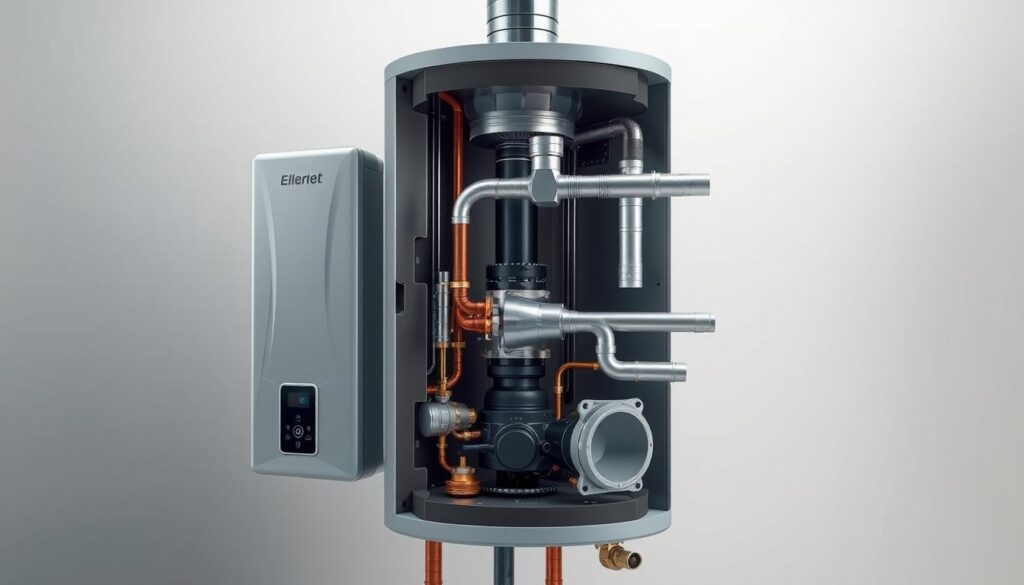 A cutaway view of a modern gas water heater, showcasing its flue design. The foreground features the heater's exterior, with sleek panels and intuitive controls. The middle ground reveals the internal components, including the burner, heat exchanger, and the flue system - a series of pipes and baffles that efficiently channel combustion gases outside. The background depicts the surrounding environment, with subtle lighting and muted tones to emphasize the technical details. The overall composition highlights the importance of proper flue design for safe and efficient gas water heater operation.