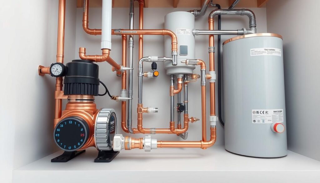A cutaway view of a residential hot water recirculation system, showcased in a clean, technical style. The foreground features the recirculation pump and thermostat, with pipes and fittings in copper, stainless steel, and PVC. The middle ground shows the hot water heater, expansion tank, and insulated supply and return lines running through a wall cavity. The background reveals the overall system layout, with the recirculation loop connecting multiple fixture locations. The lighting is soft and neutral, emphasizing the precision engineering. The composition uses a low perspective to highlight the system's intricate details and efficient design, reflecting the "how to plan" focus of the article section.