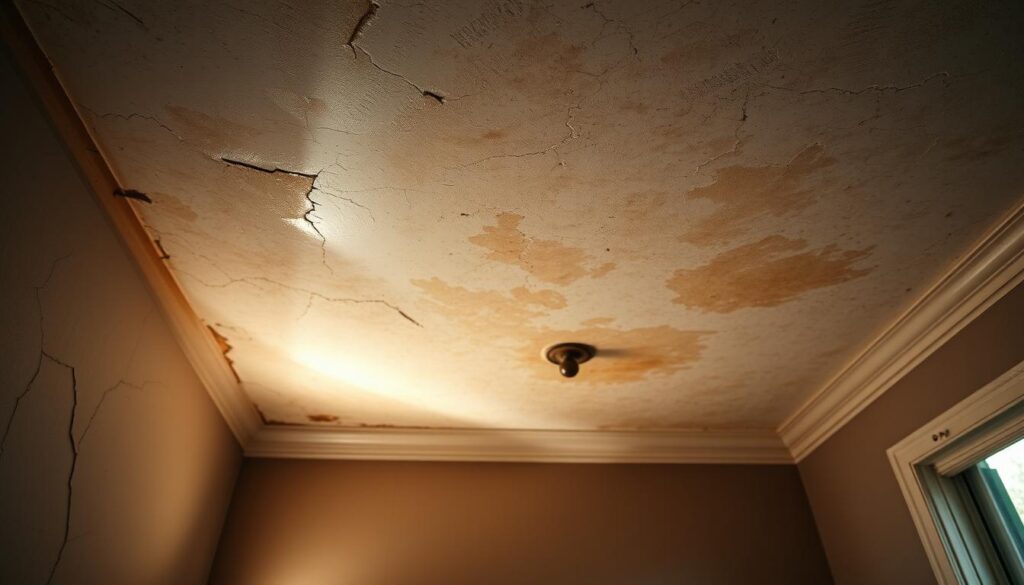 A damp, discolored ceiling with water stains spreading across the surface, as sunlight filters in through a window, casting a warm, hazy glow. In the foreground, a cracked, peeling paint along the walls reveals the underlying moisture damage. In the middle ground, a warped wooden floorboard buckles, a clear sign of seeping water. The overall atmosphere conveys a sense of neglect and the need for prompt attention to these early warning signs of a roof leak.