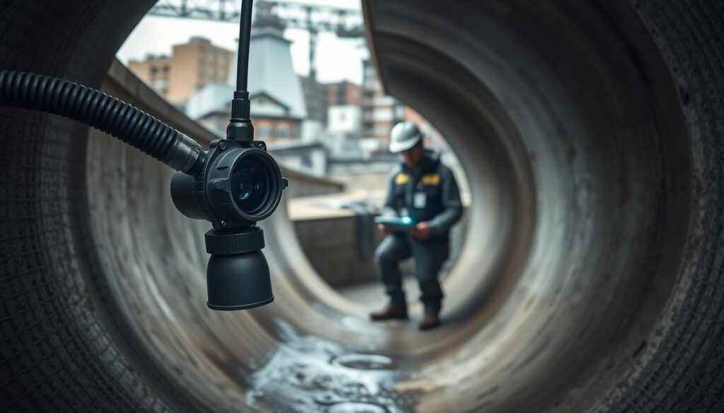 A detailed CCTV drain camera inspection in progress. In the foreground, a specialized drain camera on a flexible hose is lowered into a dark, damp concrete culvert, its LED lights illuminating the interior. In the middle ground, a technician carefully monitors the camera feed on a portable display, analyzing the pipe's condition. The background shows an industrial urban setting, with buildings and infrastructure suggestive of a cityscape. The scene conveys a sense of technical precision, problem-solving, and infrastructure maintenance, with muted tones and dramatic shadows creating an atmosphere of diligence and professionalism.