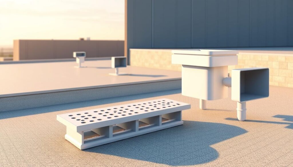 A detailed architectural illustration of a flat roof design, showcasing an array of scuppers and downpipes. The scene features a sleek, modern building with a minimalist aesthetic, captured in a warm, natural light. In the foreground, a close-up view of a scupper and downpipe assembly, showcasing the materials, spacing, and overflow protection mechanisms. The middle ground features a wider view of the roof, highlighting the strategic placement and integration of the drainage systems. The background provides context, with a subtle cityscape or landscape setting, emphasizing the importance of the design in the broader built environment. The overall mood is one of technical precision, functionality, and aesthetic harmony.