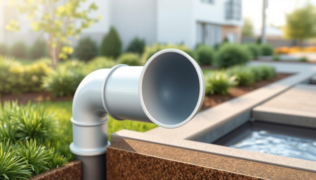 A detailed architectural illustration showcasing a reliable downpipe to stormwater connection. In the foreground, a section of a downpipe seamlessly transitions into a stormwater drainage system, with a smooth, watertight joint. The middle ground depicts the surrounding landscape, including neatly landscaped vegetation and a well-maintained paved surface. In the background, the image is softly lit by natural daylight, creating a sense of clarity and professionalism. The scene is shot from a slightly elevated angle, highlighting the technical precision and practical functionality of the connection. The overall mood is one of dependability, efficiency, and attention to detail, reflecting the importance of this critical plumbing infrastructure.