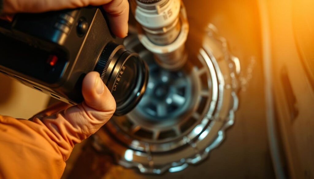 A detailed camera inspection of a drain, with a professional plumber's hand holding a high-resolution digital camera, focused on the intricate pipes and potential blockages within. The camera is positioned at a low angle, capturing the scene in crisp detail under warm, directional lighting that accentuates the textures and shadows. The background is slightly blurred, keeping the viewer's attention on the drain inspection process, conveying a sense of diligence and problem-solving.