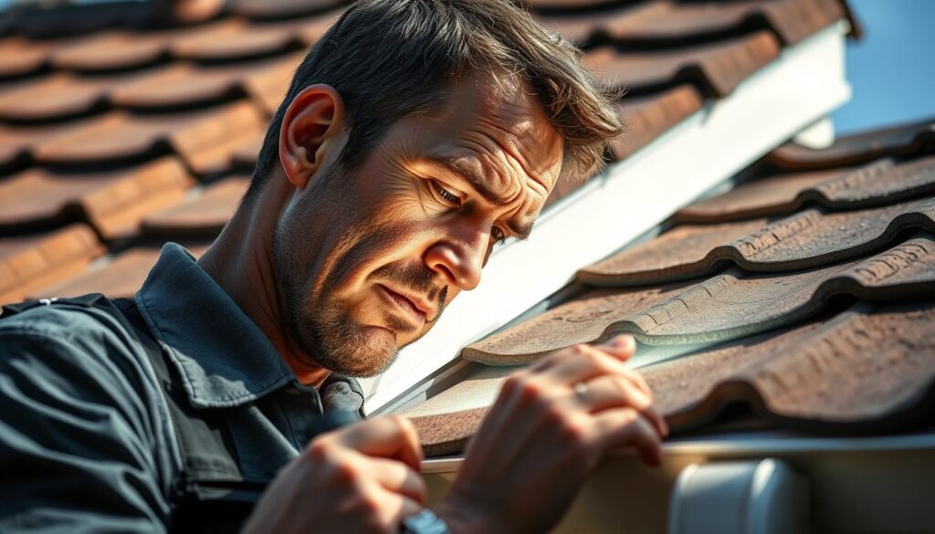 A detailed close-up view of a contractor inspecting a roof for signs of a leak during a home renovation. The scene shows the contractor carefully examining the roof tiles, gutters, and flashing, using a flashlight to illuminate the area and identify potential problem spots. The lighting is natural, with soft shadows casting across the roof. The angle is slightly elevated, providing a clear view of the inspection process. The overall mood is one of focused investigation, with the contractor's brow furrowed in concentration as they meticulously search for the source of the leak.
