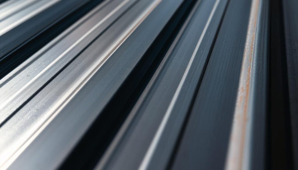 A detailed close-up view of a section of durable, high-quality steel sheeting, showcasing its resilient and weatherproof characteristics. The steel surface has a sleek, uniform metallic finish, with subtle reflections and highlights that capture the material's inherent strength and durability. The lighting is dramatic, casting sharp shadows that accentuate the depth and texture of the steel, conveying a sense of solidity and reliability. The image is captured at a slight angle, providing a dynamic perspective that highlights the steel's robust and trustworthy nature, perfectly suited for use in demanding Australian conditions.