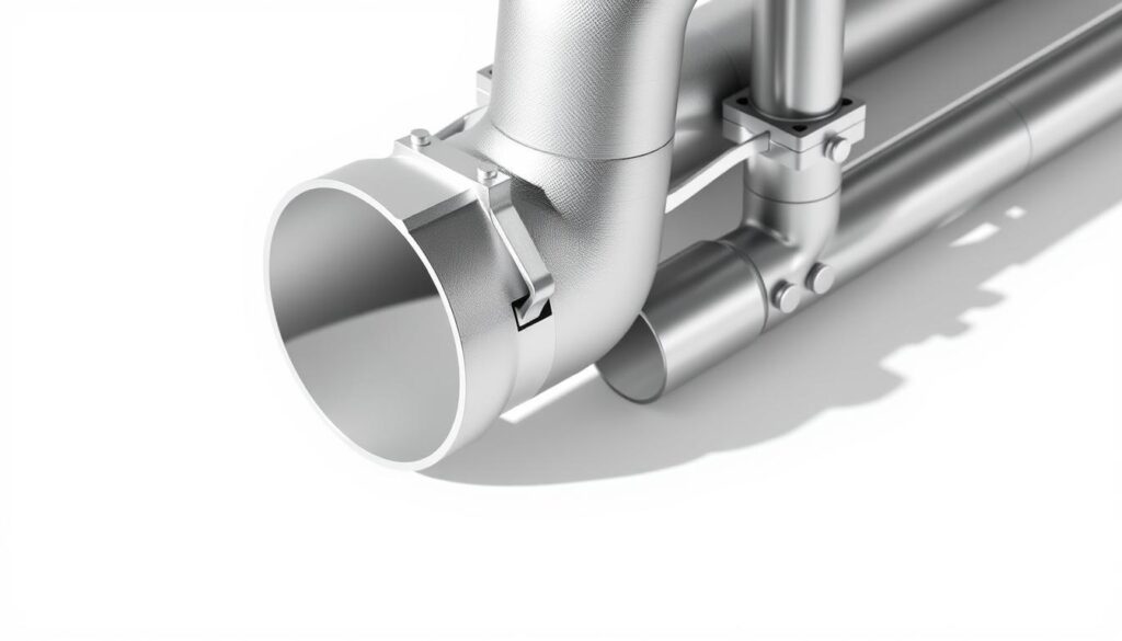 A detailed cross-section view of a set of high-quality metal downpipes, showcasing their construction and features. The downpipes are made of sturdy, corrosion-resistant aluminum, with a sleek, modern design. The image highlights the various components, such as the gutter inlet, the smooth internal surface, the sturdy mounting brackets, and the precisely engineered joints and fittings. The lighting is bright and directional, casting shadows that emphasize the dimensional aspects of the downpipes. The background is a clean, neutral tone, allowing the downpipes to be the focal point. The overall mood is one of technical precision and practical utility, reflecting the importance of proper downpipe installation and maintenance.