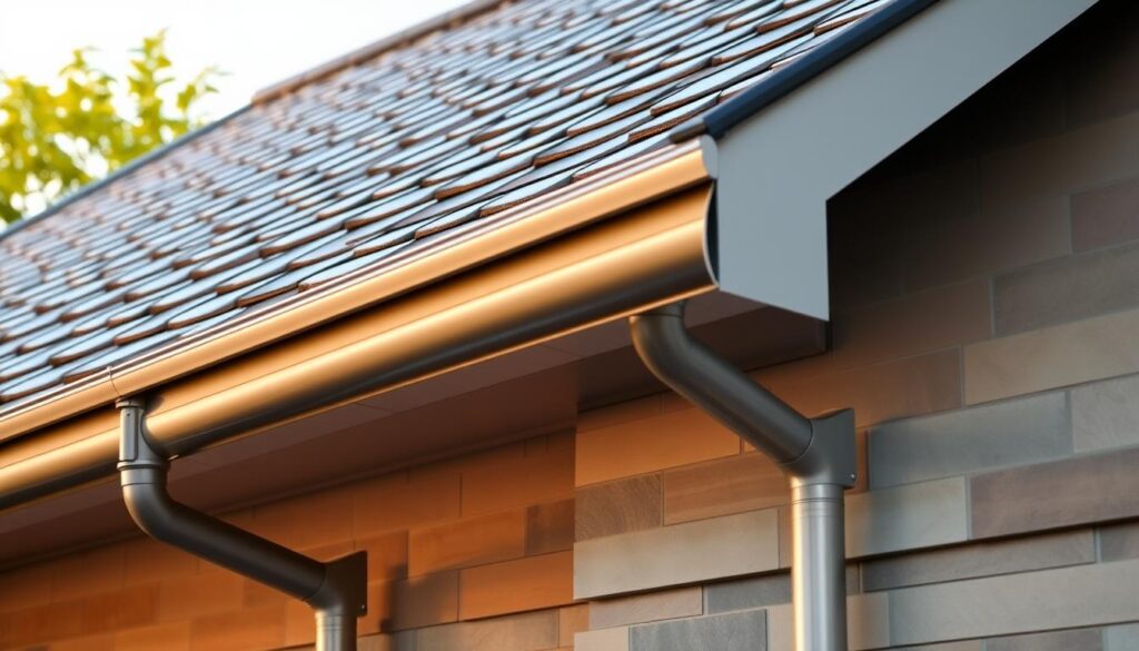 A detailed, expertly-crafted roofing drainage system on a two-story home, illuminated by warm, diffused natural light. The foreground showcases a well-maintained gutter system with seamless downpipes directing water away from the foundation. The middle ground features a mix of classic slate tiles and modern metal accents, creating a harmonious visual balance. In the background, lush greenery and a clear sky provide a calming, picturesque setting. The overall composition conveys a sense of professional craftsmanship, functionality, and timeless aesthetic appeal.