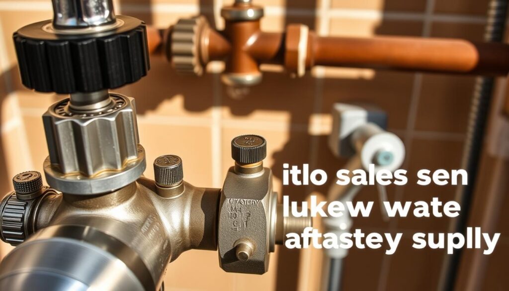 A detailed, high-angle view of a hot water safety shutoff system. The foreground shows the valve assembly with various control knobs and levers, all in a brushed metal finish. The middle ground reveals the pipes and fittings leading into and out of the shutoff, captured in warm, muted tones. The background depicts a tiled bathroom wall, with natural light casting soft shadows across the scene. The overall mood is one of technical precision and functional reliability, complementing the article's focus on identifying issues with lukewarm water supply.