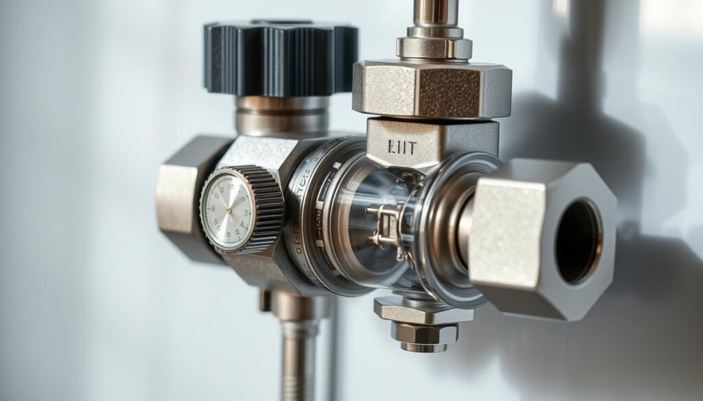 A detailed, high-quality close-up image of a thermostatic mixing valve, showcasing its intricate inner workings and sleek, modern design. The valve is positioned in a clean, well-lit environment, with soft, diffused lighting casting subtle shadows and highlights that accentuate its metallic surfaces and precision engineering. The composition emphasizes the valve's functional components, such as the temperature control dial, inlet and outlet ports, and internal flow-regulating mechanisms, conveying a sense of technical sophistication and practical utility. The overall atmosphere is one of professional, industrial aesthetics suitable for illustrating a section on the differences between tempering and thermostatic mixing valves.