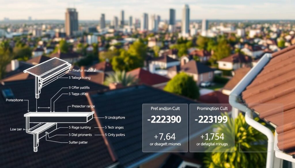 A detailed illustration of the key factors that impact the cost of gutter replacement in Melbourne. In the foreground, a clear diagram showcasing the various components of a gutter system, including materials, profiles, and installation costs. In the middle ground, data visualizations highlighting the price ranges for different gutter options, with precise numerical values. In the background, a cityscape of Melbourne's residential neighborhoods, providing context for the local market conditions. The lighting should be soft and natural, with a warm color palette to convey a sense of practicality and professionalism. The overall composition should strike a balance between technical details and visual appeal, guiding the viewer through the essential pricing factors for gutter replacement.