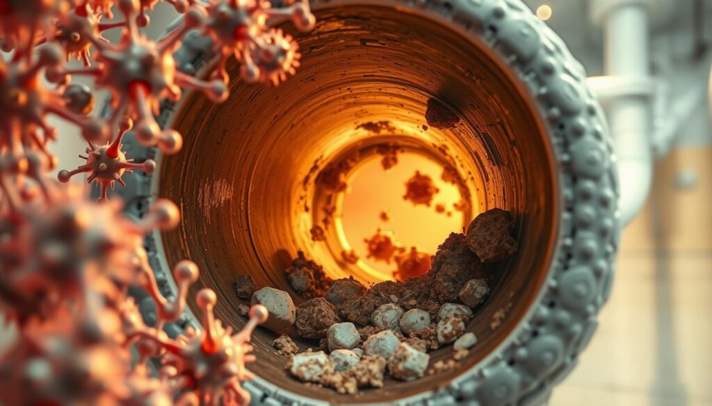 A detailed microscopic view of various types of enzymes at work in a biological drain cleaner. The enzymes are shown in the foreground, with their complex molecular structures and intricate interactions clearly visible. The middle ground depicts the interior of a drain pipe, with debris and organic matter being broken down and dissolved by the enzymatic activity. The background features a softly-lit, scientific laboratory setting, emphasizing the precise, technical nature of the process. Crisp, high-resolution details, with a warm, natural lighting scheme that enhances the organic, biological nature of the enzymes. The overall impression is one of efficiency, effectiveness, and the power of nature-based solutions for household problems.