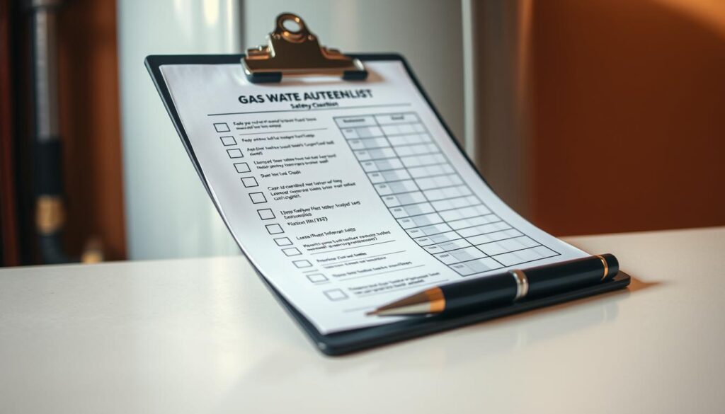 A detailed, neatly organized gas hot water safety maintenance checklist against a warm, well-lit background. The checklist is displayed on a sturdy clipboard with a pen resting next to it, conveying a sense of professionalism and attention to detail. The clipboard casts a soft shadow on the surface below, adding depth and dimension. The background features a blurred, out-of-focus view of a gas hot water heater, emphasizing the checklist as the focal point. The overall mood is one of diligence, care, and a commitment to ensuring the safe operation of the gas hot water system.